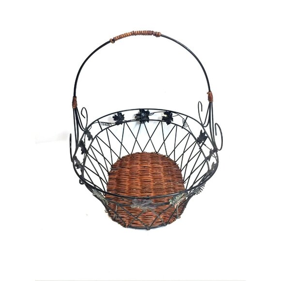 Black Metal & Brown Wicker Oval Basket With Handle & Leaf Design - Picture 4 of 8